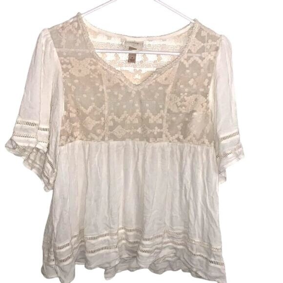 Knox Rose Lace & Cotton Boho Peasant Blouse V-Neck Sheer Accents Short Sleeve Wo - Picture 1 of 8
